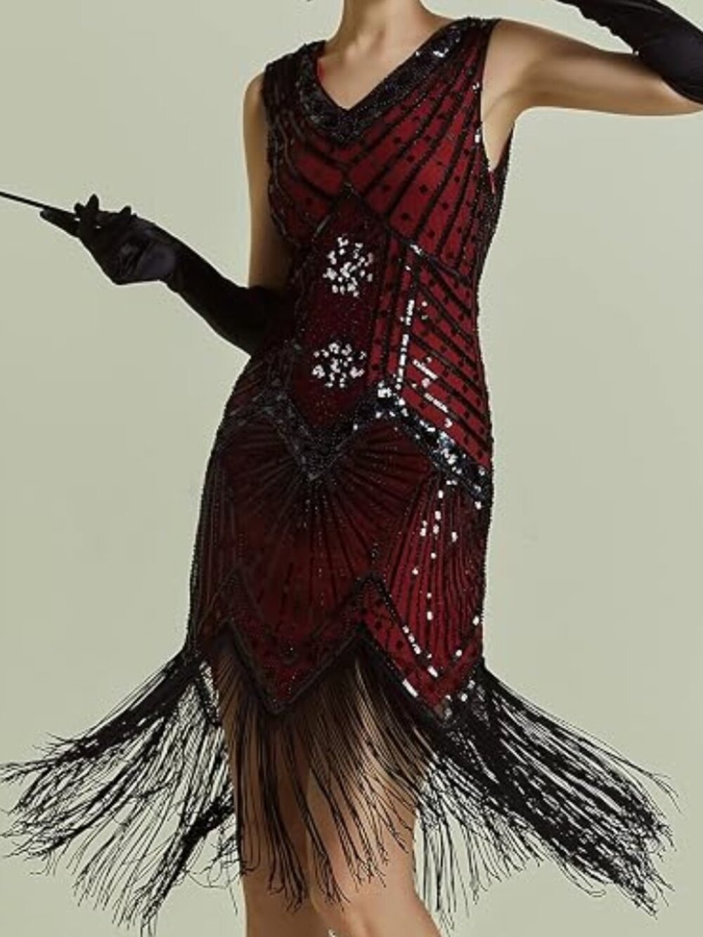 Gatsby flapper sequin fringed hem dress with geometric beadwork pattern size L